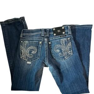 Miss Me Blue Bootcut Jeans with Fleur-de-Lis Pocket Embroidery